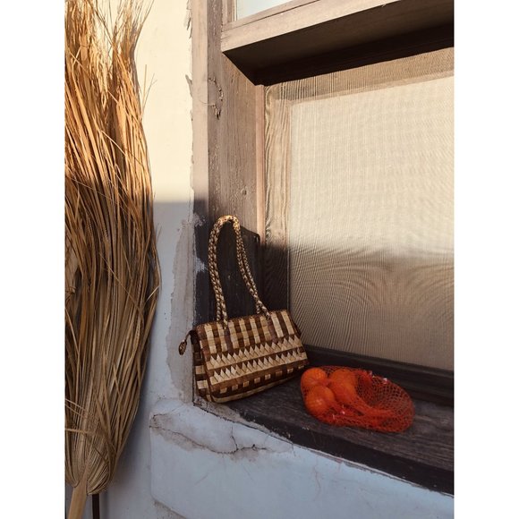 SOLD Woven Rattan Tan & Brown Mini Summer Bag - Picture 11 of 13